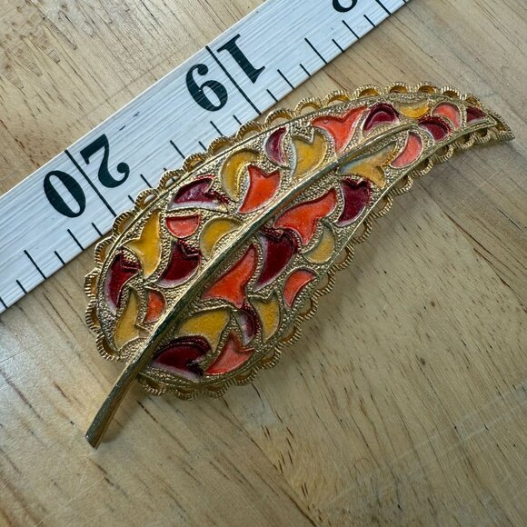 Vintage Gold-Tone Enamel Leaf Brooch With Intricate Red Orange & Yellow Design - Picture 5 of 9